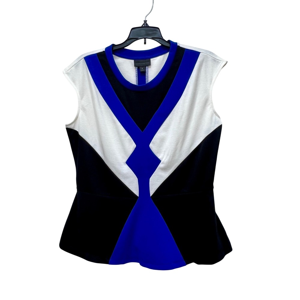 Worthington NWT Womens Exotic Blue Colorblock Peplum Top Officewear Sleeveless L